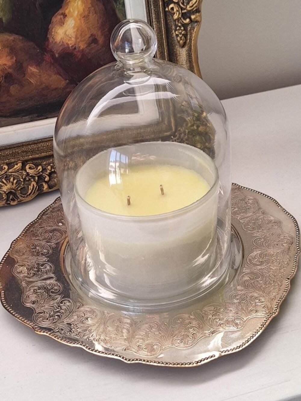 Vintage silver tray with glass cloche candle holder 3 wick dome cover